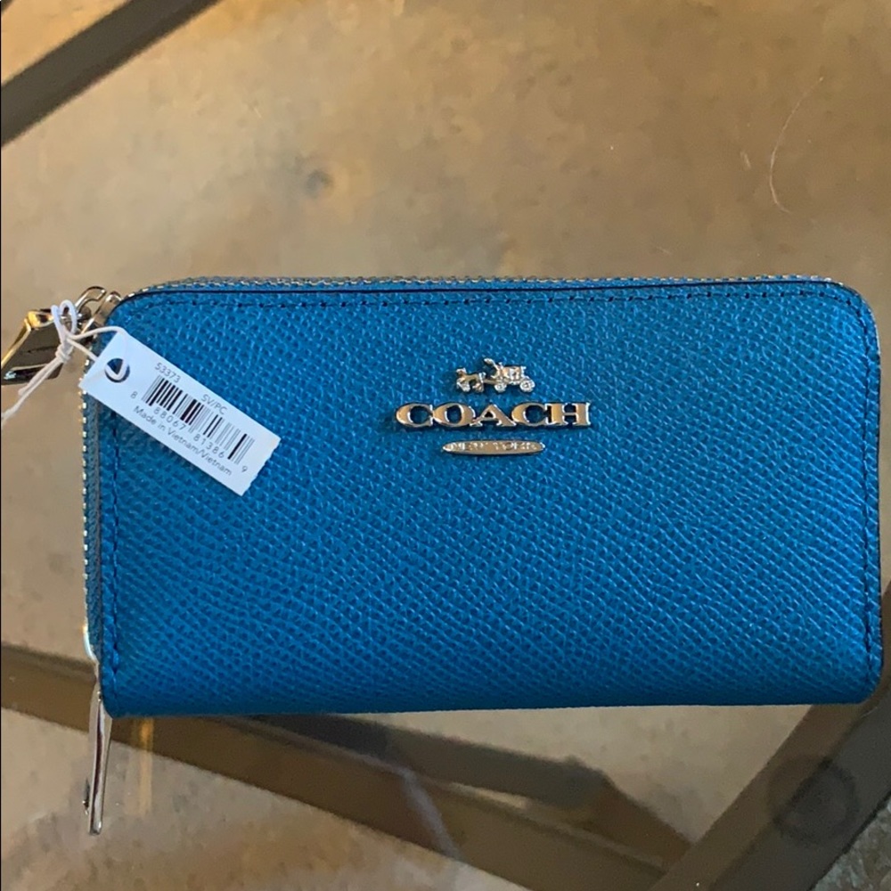 Coach New genuine leather mini zip wallet blue